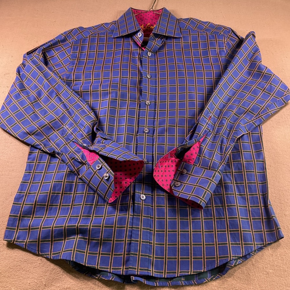 Robert Graham Mens Medium Purple Grid Button Down Pink Polka Dot Cuff Shirt M
